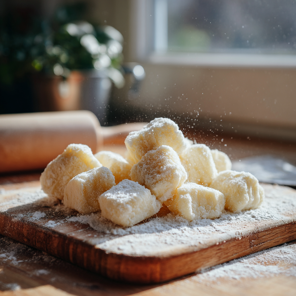 freshly cut ricotta gnocchi pieces resting on a lightly floured wooden board
