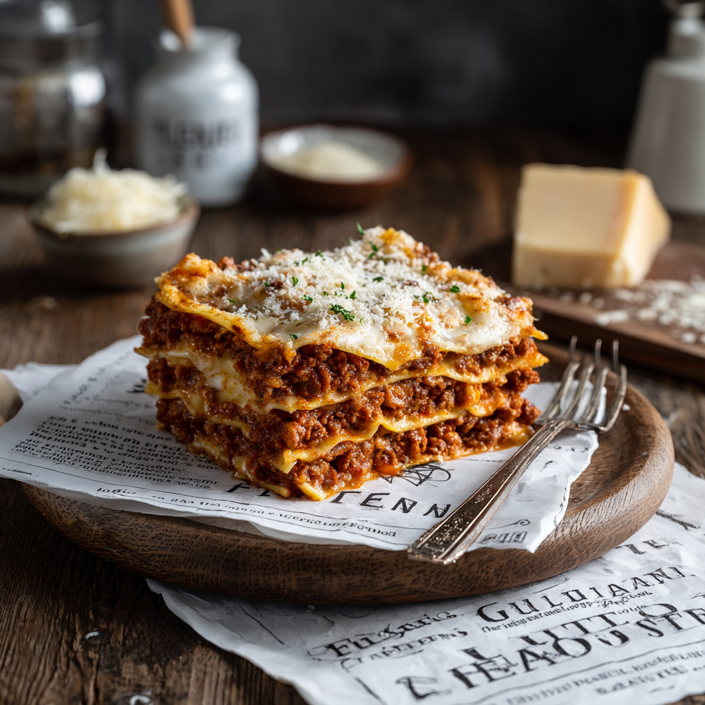 gluten-free lasagna on a rustic wooden cutting board