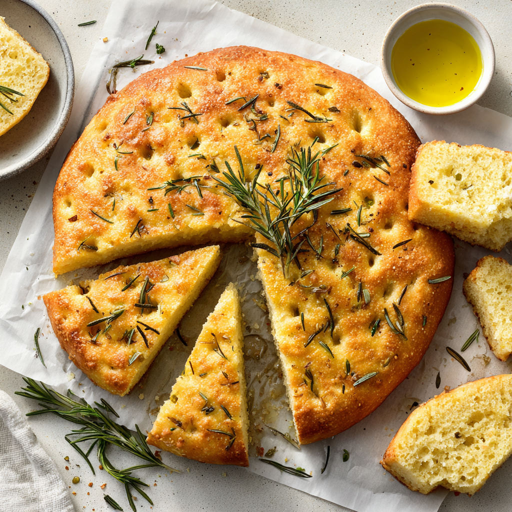 gluten-free rosemary focaccia on a baking sheet, golden and crisp