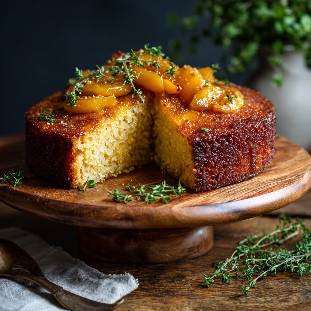 Italian Polenta Almond Cake displayed on a round wooden cake stand with some macerated peaches on top.