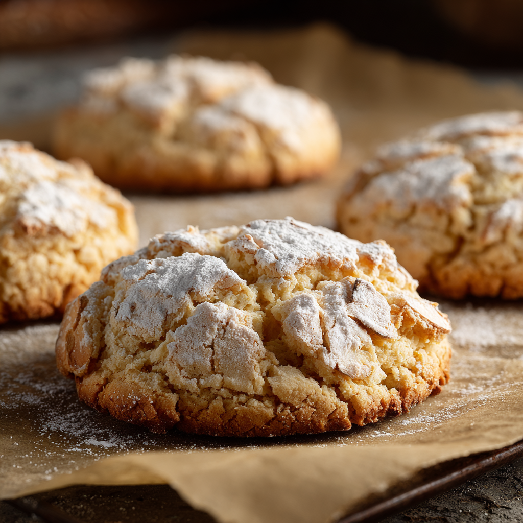 gluten-free almond cookies arranged on a cooling rack with a few broken open to reveal the chewy texture inside.