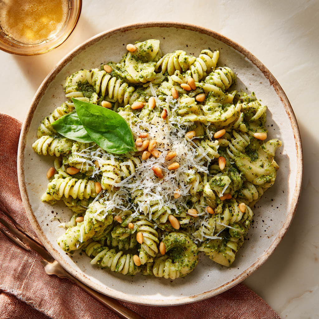 gluten-free pesto pasta served with a side of toasted pine nuts and grated Parmesan cheese on top