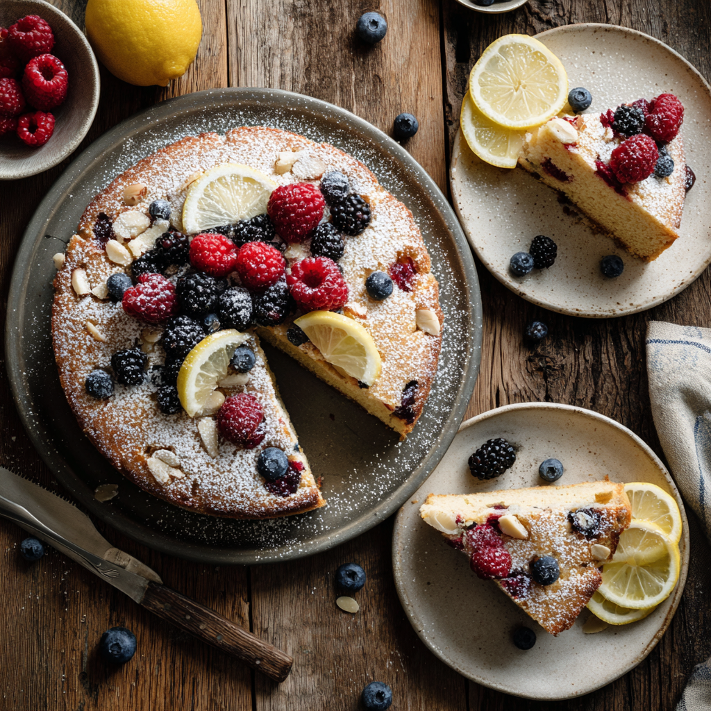 ricotta almond cake served on a white porcelain plate, with a fork resting beside it.