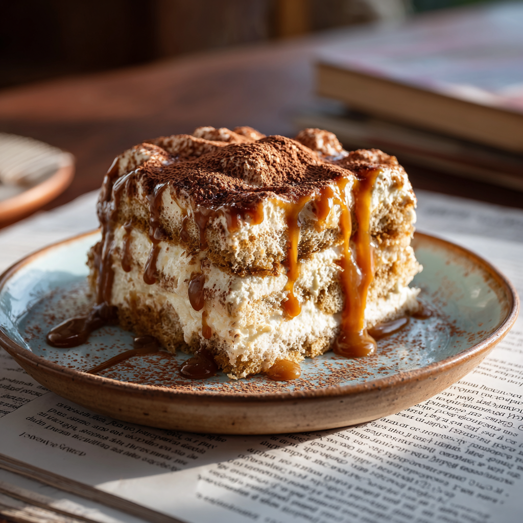 caramel tiramisu on a plate, with a perfectly cut portion revealing the layers of coffee-soaked ladyfingers and mascarpone cream.