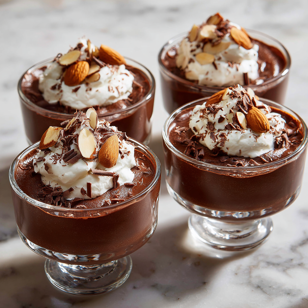 Amaretto Chocolate Mousse served in four individual glass ramekins on a marble countertop