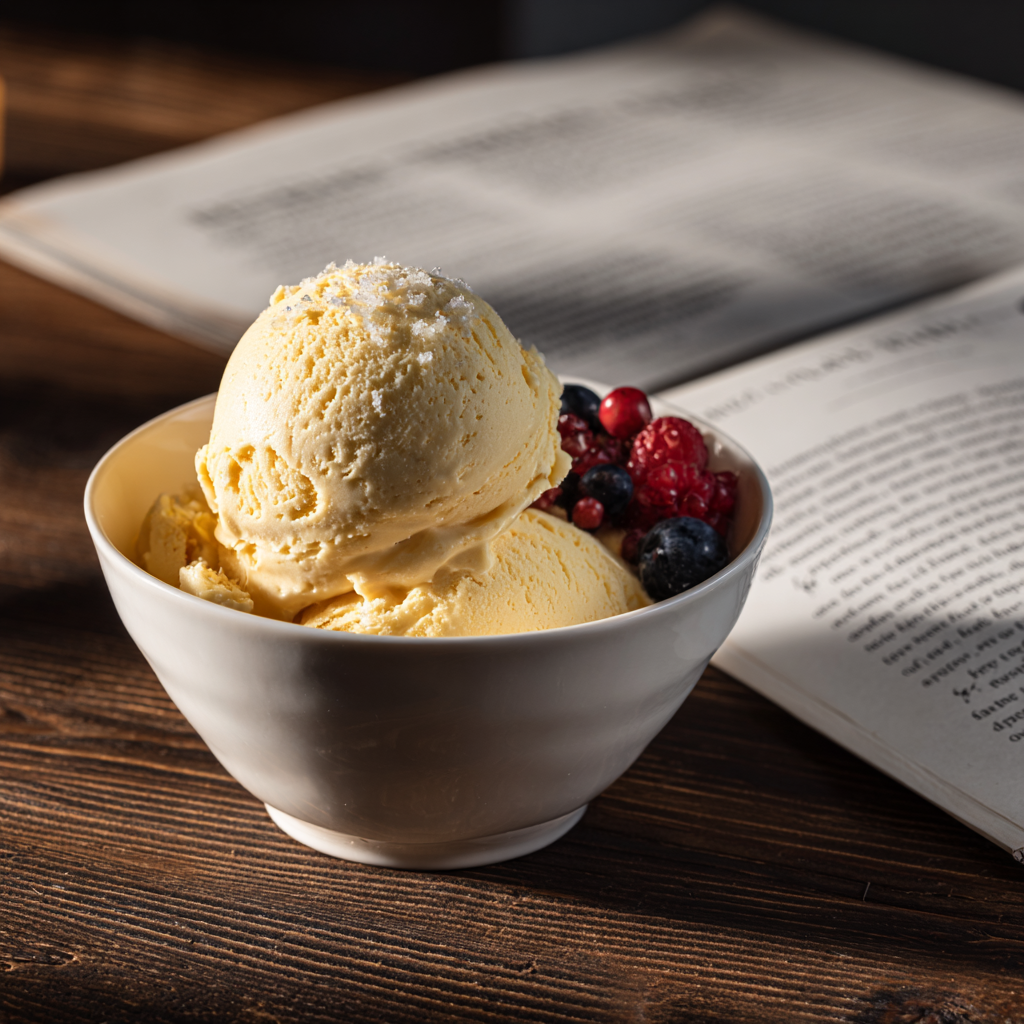creamy scoop of olive oil gelato in a minimalist white bowl, resting on a dark wooden countertop.