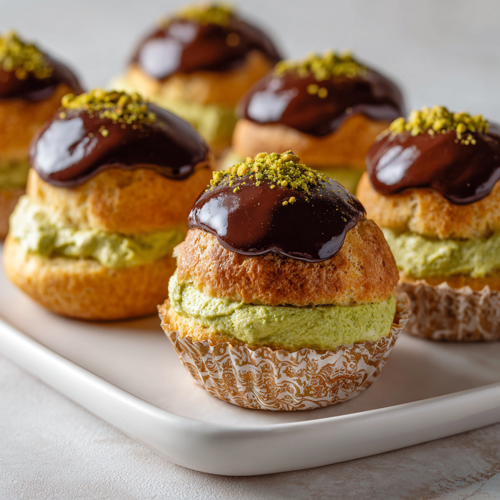 pistachio cream puff being sliced with a small knife, revealing the smooth filling inside.