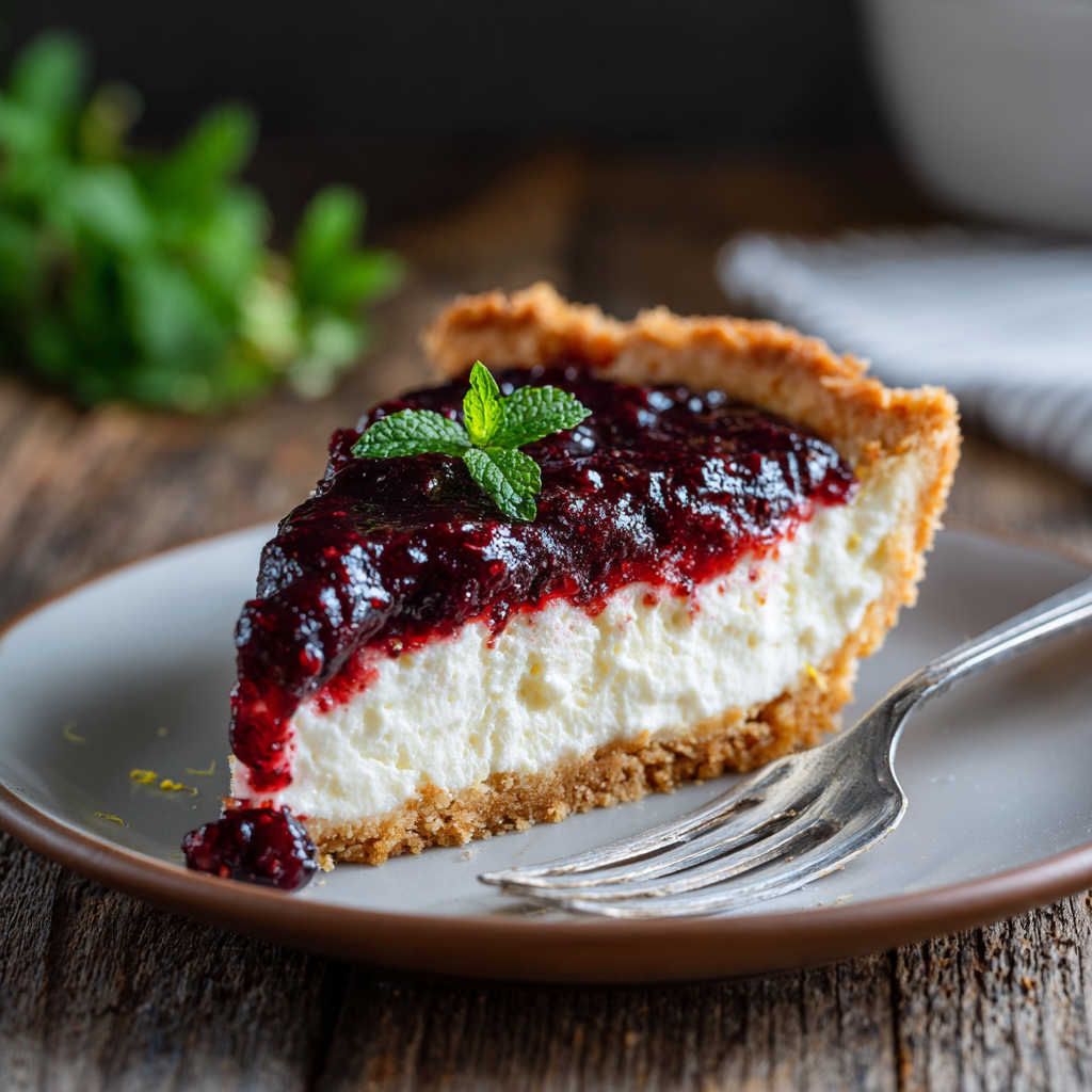Crostata Ricotta e Visciole on a plate with a fork, ready to be enjoyed.
