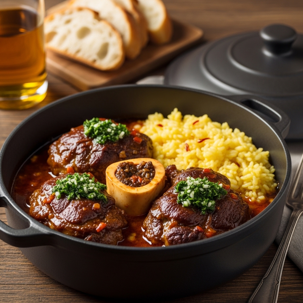Italian dinner setting with Osso Buco alla Milanese as the star dish.