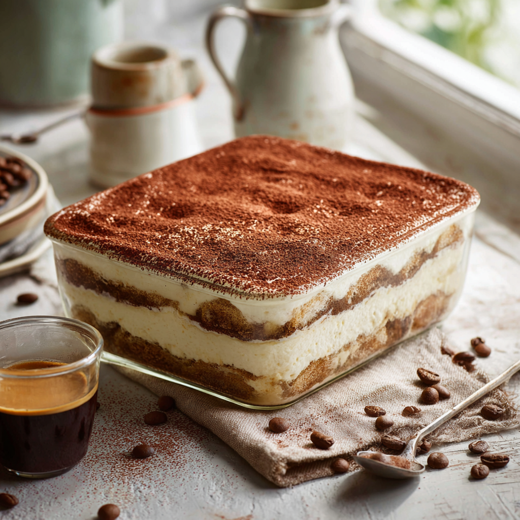 tiramisu served in a family-style 9x9-inch glass dish with a layer of cocoa powder on top