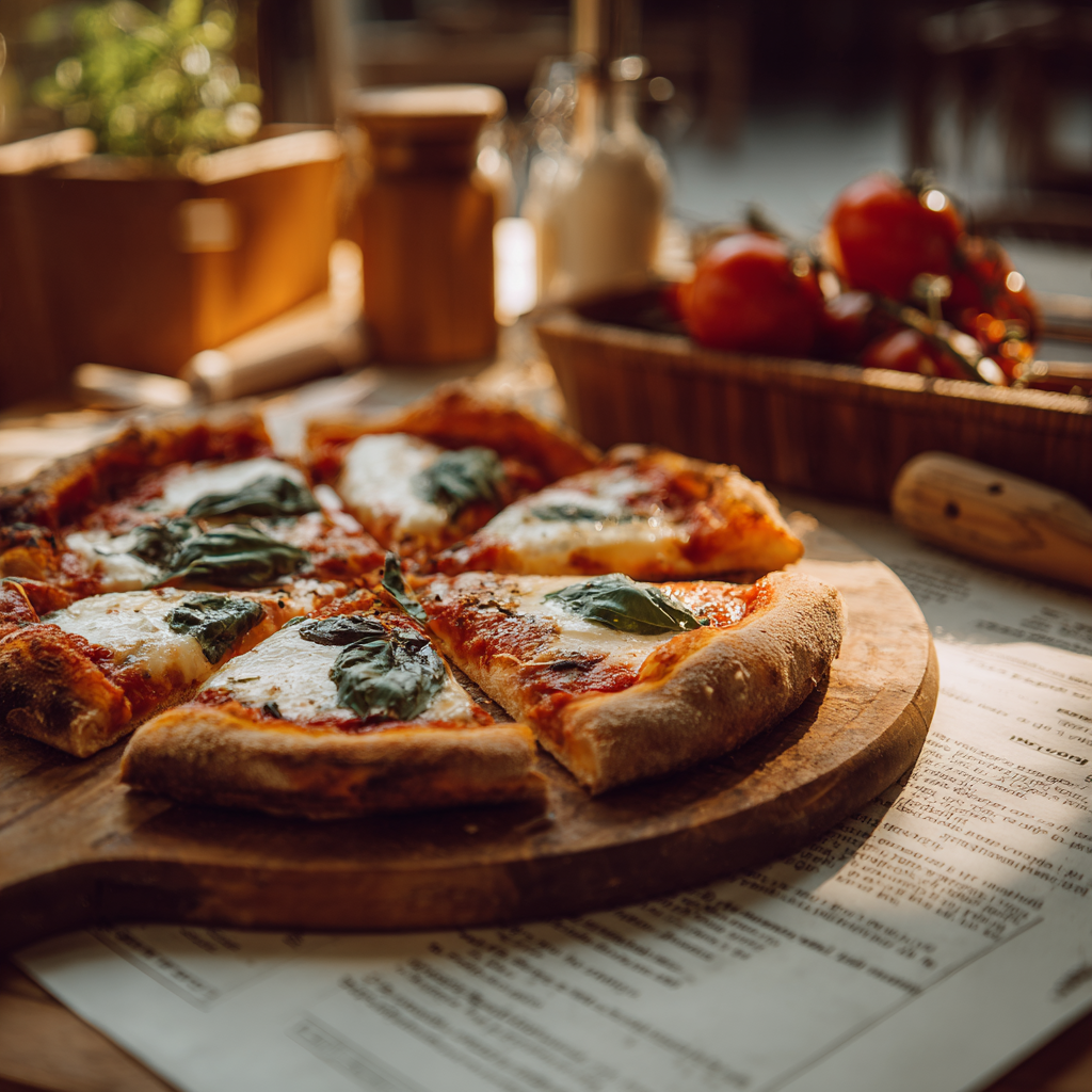 Margherita pizza, freshly baked with mozzarella, basil, and tomato sauce.