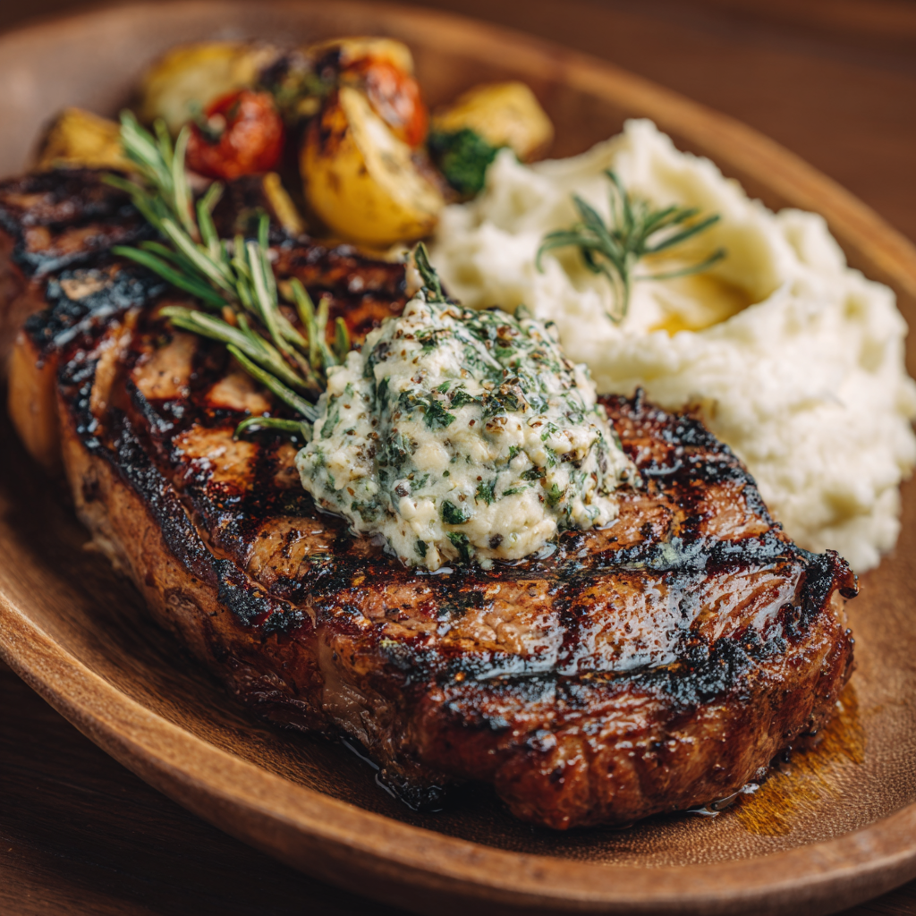 grilled ribeye steak topped with peppercorn herb butter, garnished with fresh parsley.
