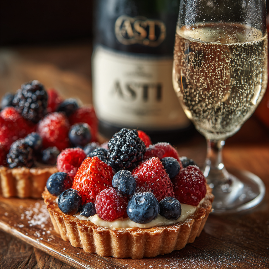 wine and dessert pairing scene with a bottle of Prosecco and a glass of Moscato beside poached pears and chocolate truffles.