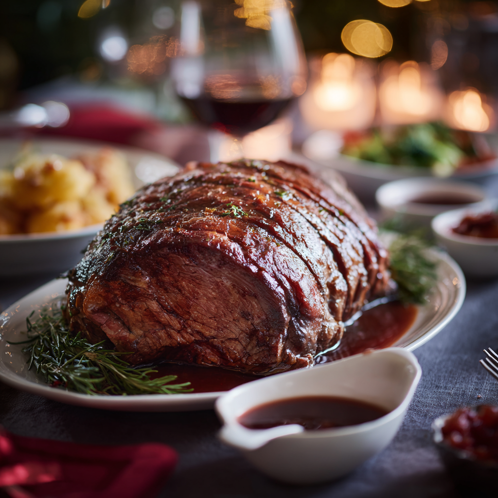 holiday meal with a whole roast beef in the center, surrounded by small bowls of red wine sauce.