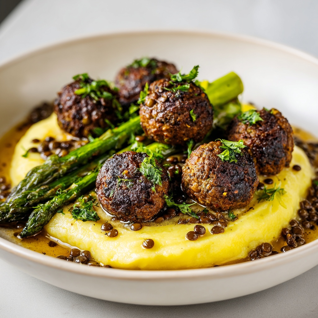 Polpette di Lenticchie served alongside mashed potatoes and roasted asparagus.