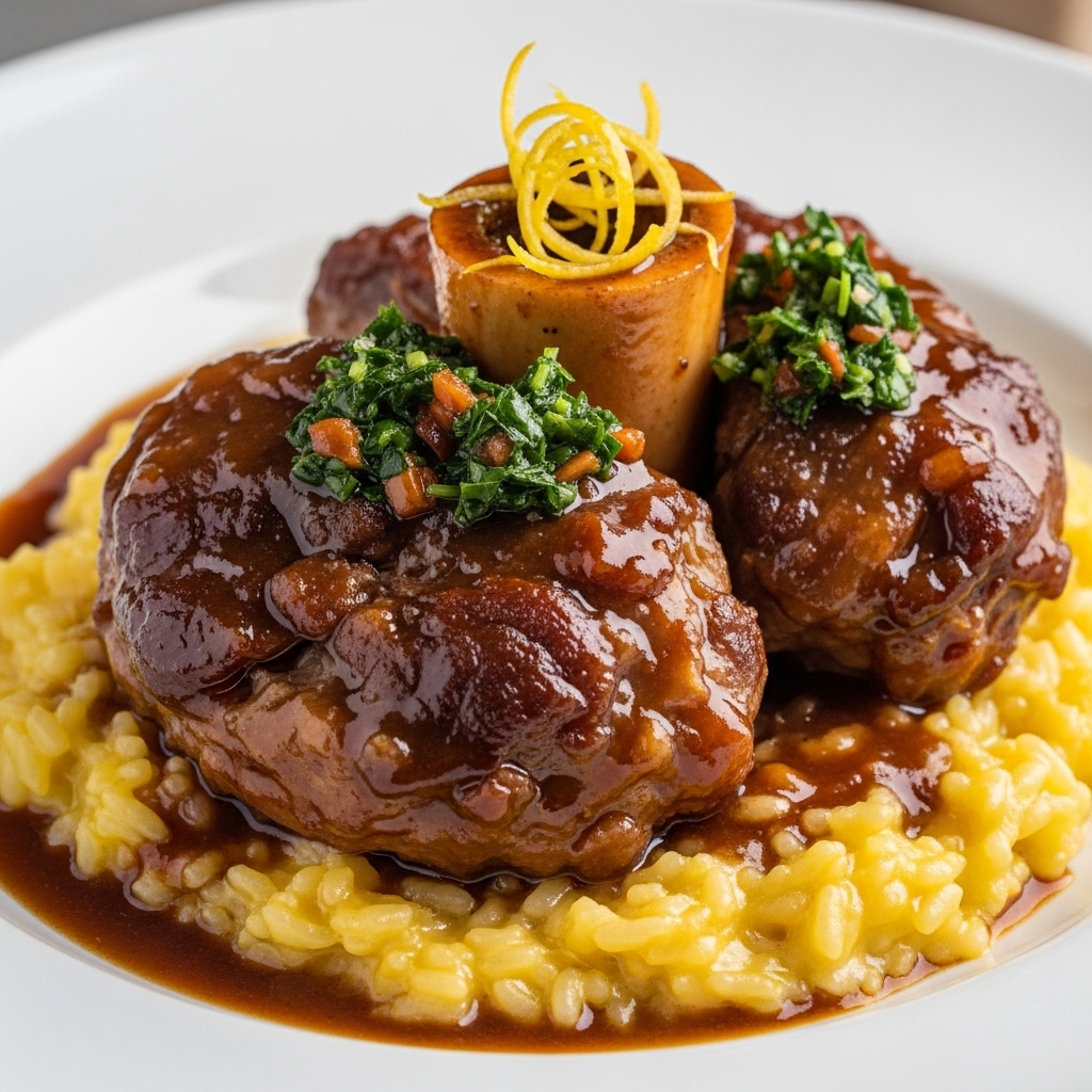 Osso Buco served in a traditional Italian kitchen with veal shanks sitting in a rustic Dutch oven.