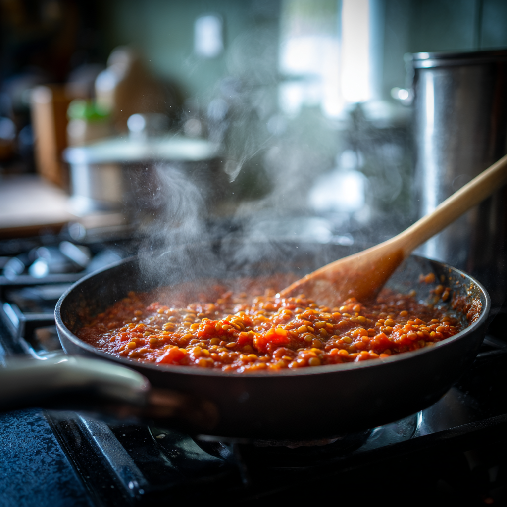 vegan lentil bolognese sauce simmering. Visible red lentils, tomato sauce, and vegetables gently bubbling.