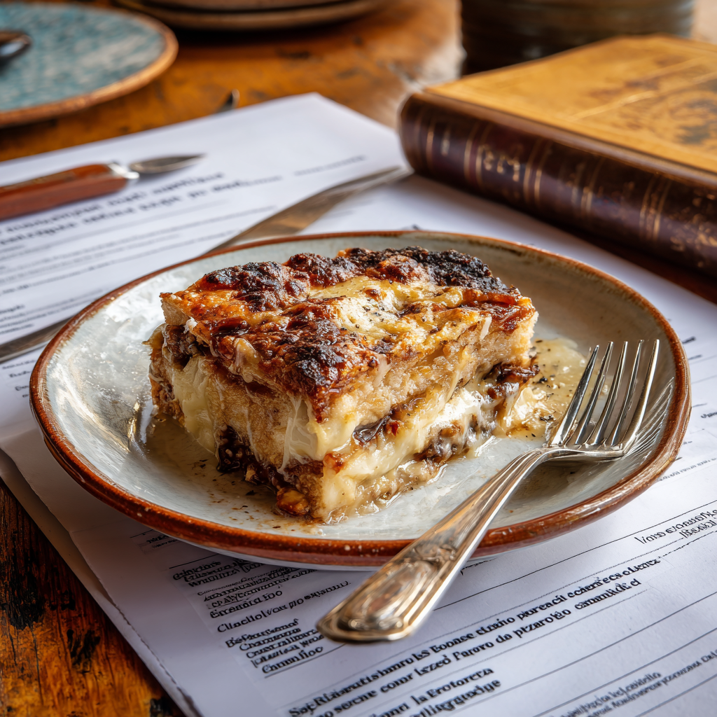 Zuppa Valdostana, showing layers of toasted bread and melted Fontina cheese, a golden crispy crust on top, with a fork resting beside it.