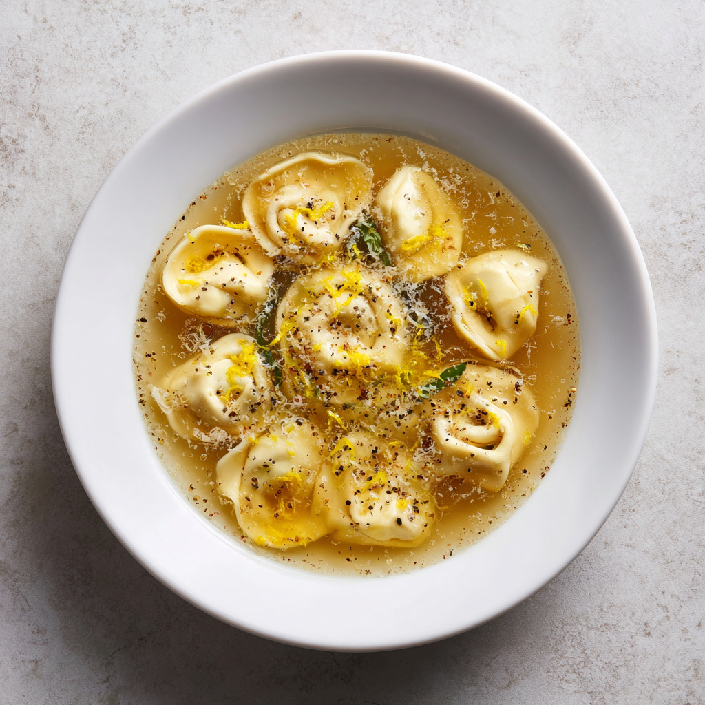 bowl of Tortellini in Brodo on a simple white plate, garnished with grated Parmesan, lemon zest, and fresh black pepper.