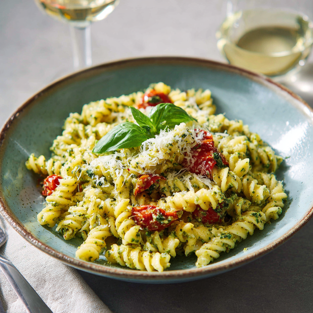 Fusilli al Pesto Trapanese, served in a bowl with a vibrant pesto sauce.