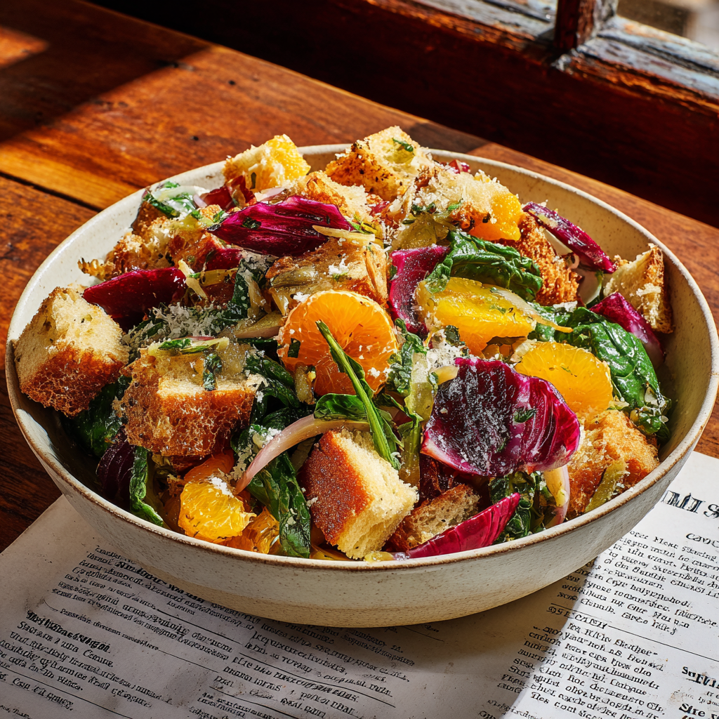 Panzanella salad served in a bowl, featuring croutons, roasted golden beets, radicchio, fennel slices, and fresh citrus segments.