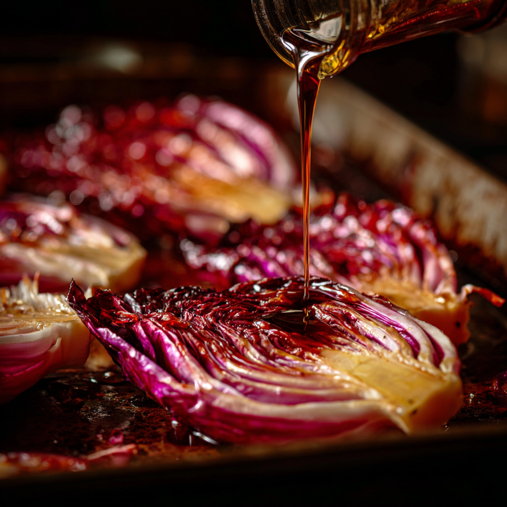 roasted radicchio wedges placed on a rustic wooden table, with the balsamic glaze and a light drizzle of olive oil.