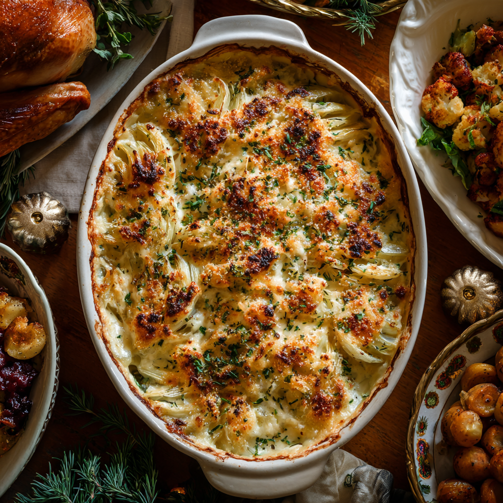 entire fennel gratin dish served at a festive holiday table. The dish is surrounded by roasted turkey and other side dishes.