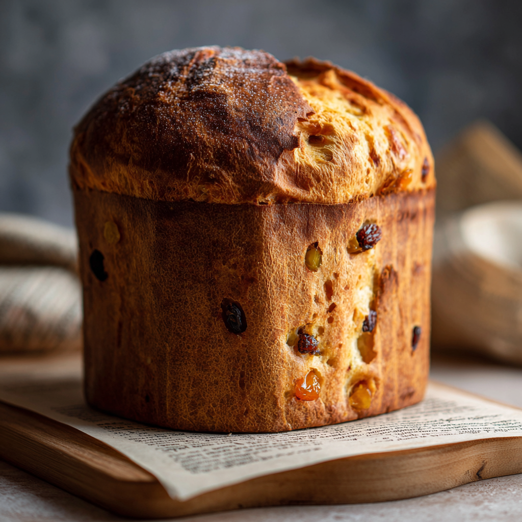 freshly sliced panettone showing the light and fluffy crumb filled with raisins and candied citrus peel.