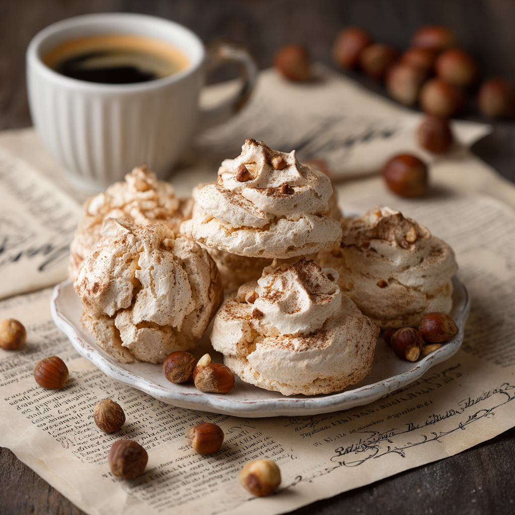 Italian hazelnut meringue cookies on a white ceramic plate, with a strong contrast between the crispy outer shell and the soft, chewy interior.