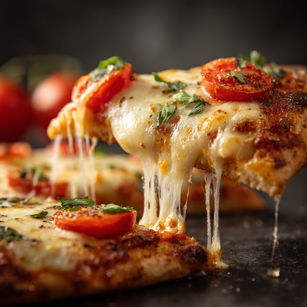 slice of vegan margherita pizza being lifted, creamy cashew mozzarella stretching slightly, thin crispy crust edge, tomato sauce visible