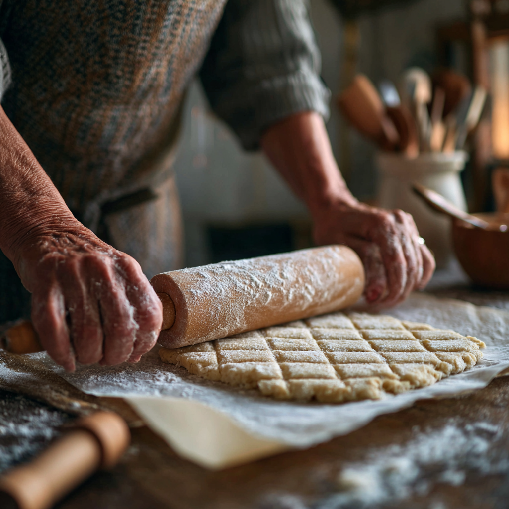 person rolling the dough out with a rolling pin between parchment paper.