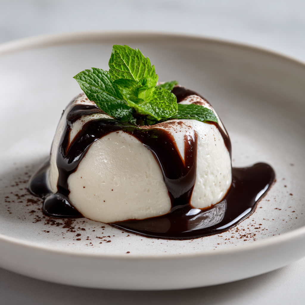 panna cotta on a fine white plate, unmolded to create a smooth, wobbly texture
