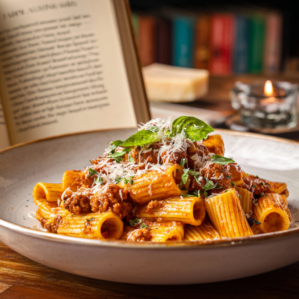 Calabrian spicy sausage pasta with rigatoni, topped with freshly grated Parmigiano Reggiano, and garnished with basil.