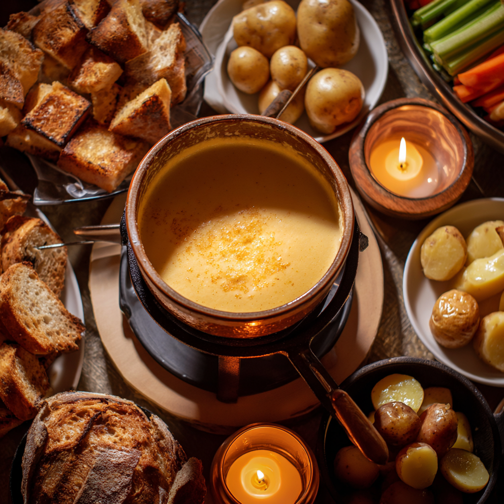 cozy dining setting with a pot of Fonduta alla Valdostana on a small candle-lit fondue stand