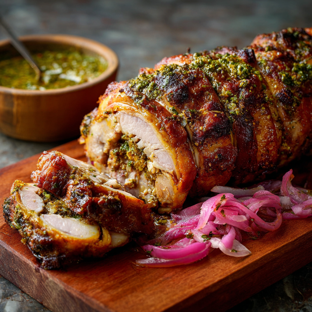 roasted porchetta, resting on a cutting board with a slice removed showing the juicy interior and crispy skin.