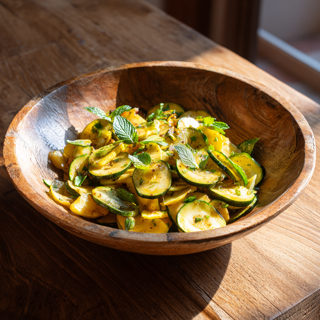 wooden bowl filled with zucchini alla scapece, showing golden slices of zucchini with a subtle golden hue.