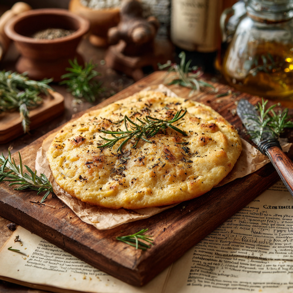 Italian kitchen scene with a freshly made farinata di ceci on a wooden cutting board, topped with black pepper and fresh rosemary.