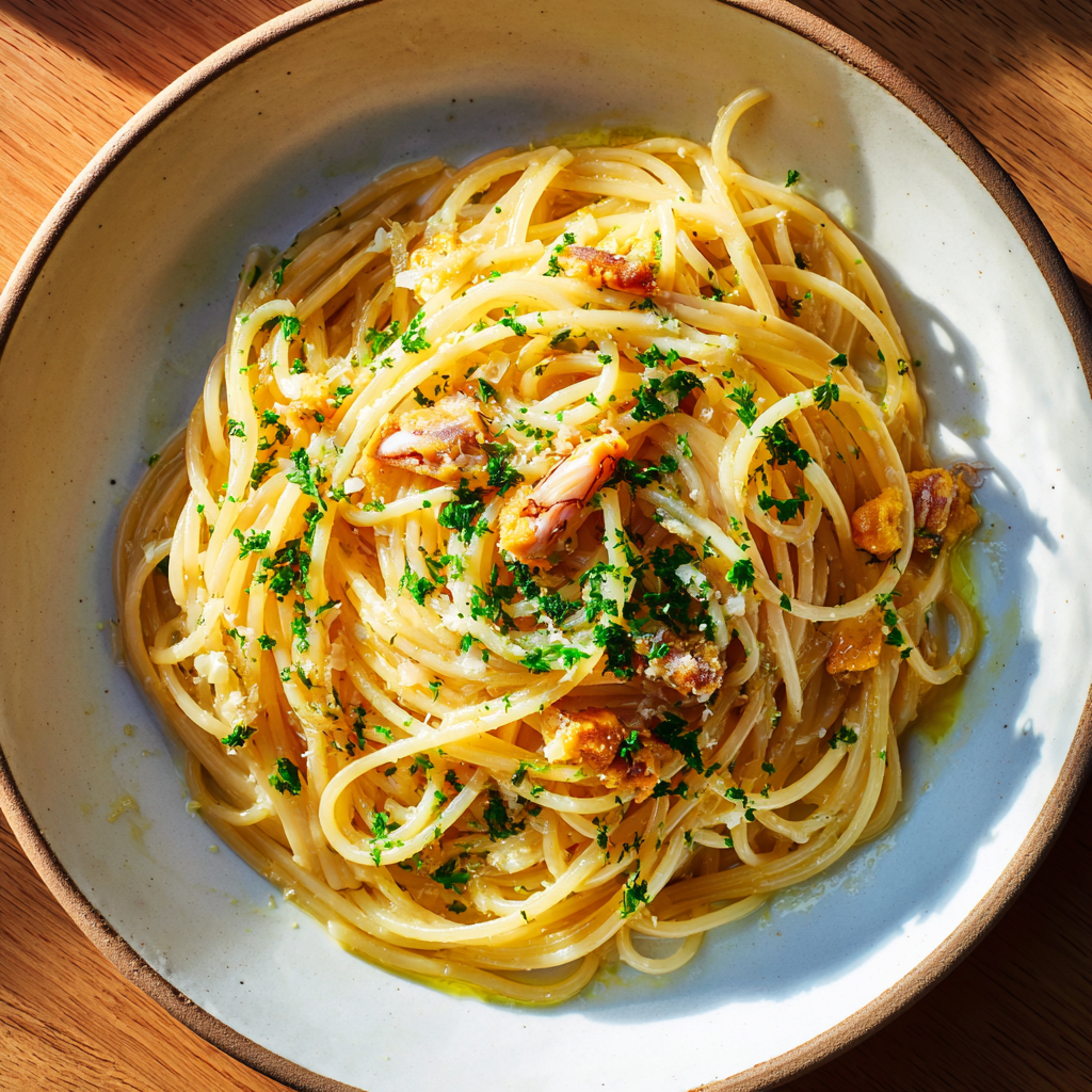 spaghetti ai ricci di mare on a beautiful, simple plate with clean lines. The pasta is perfectly al dente, glistening with the buttery uni sauce.