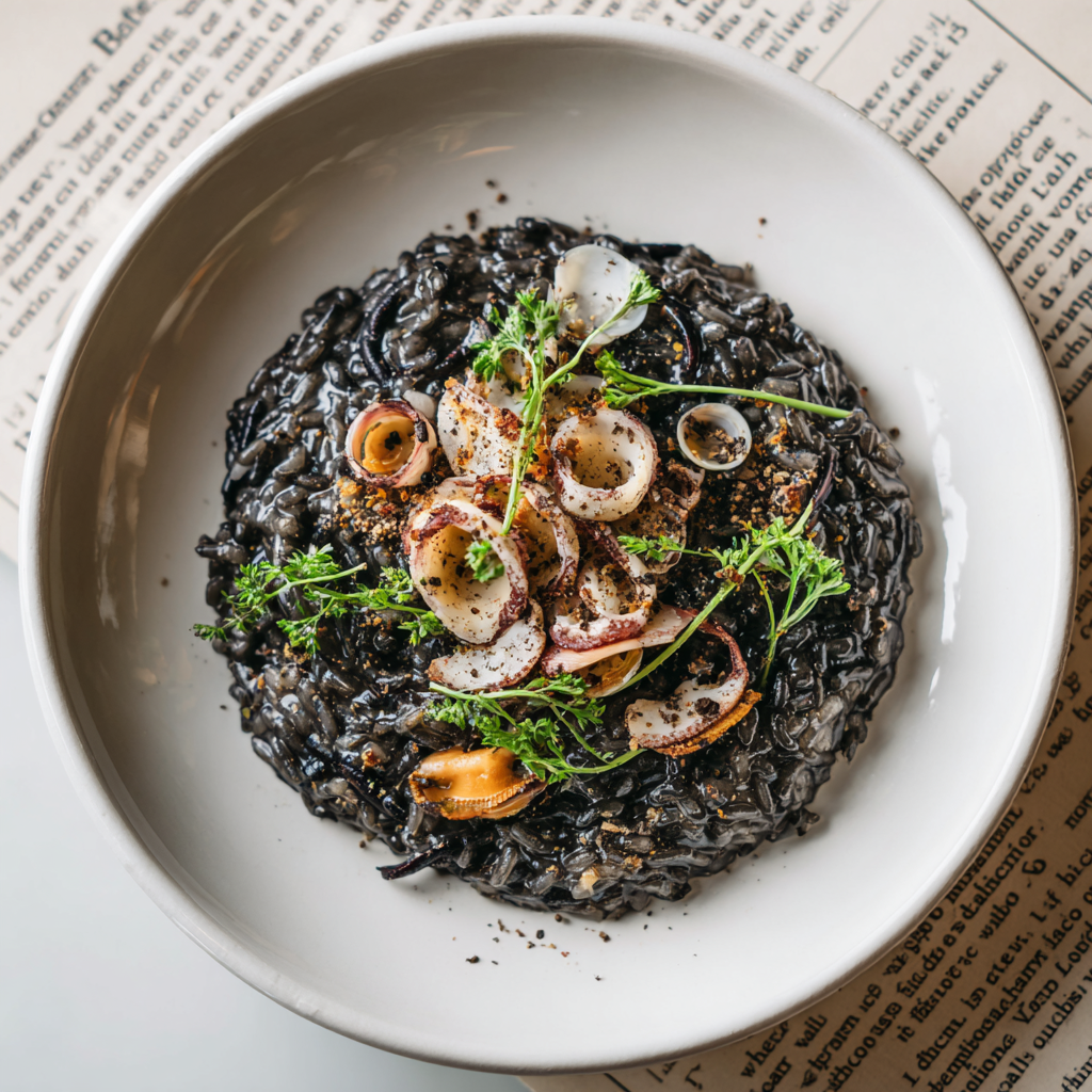 Venetian black risotto on a clean, white plate.