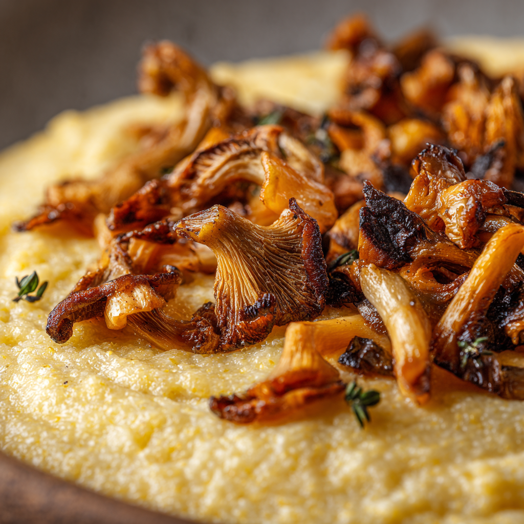 creamy vegan polenta texture with roasted cremini and oyster mushrooms