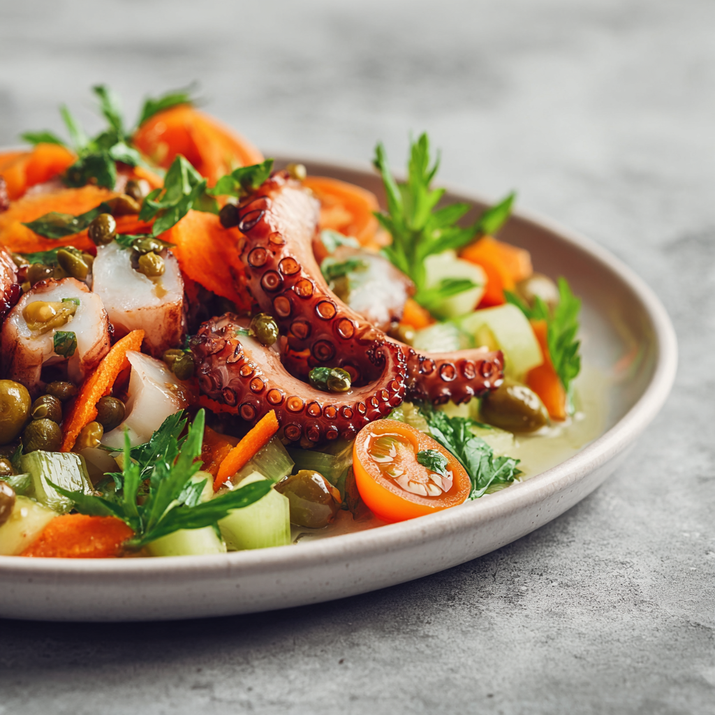 Sicilian octopus salad with a rustic, Mediterranean vibe.