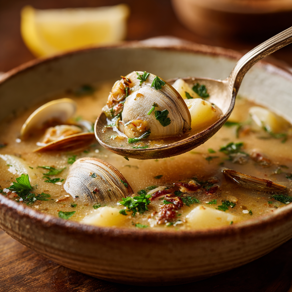 Italian clam chowder simmering on the stove, with visible clams, potatoes, and a colorful broth.