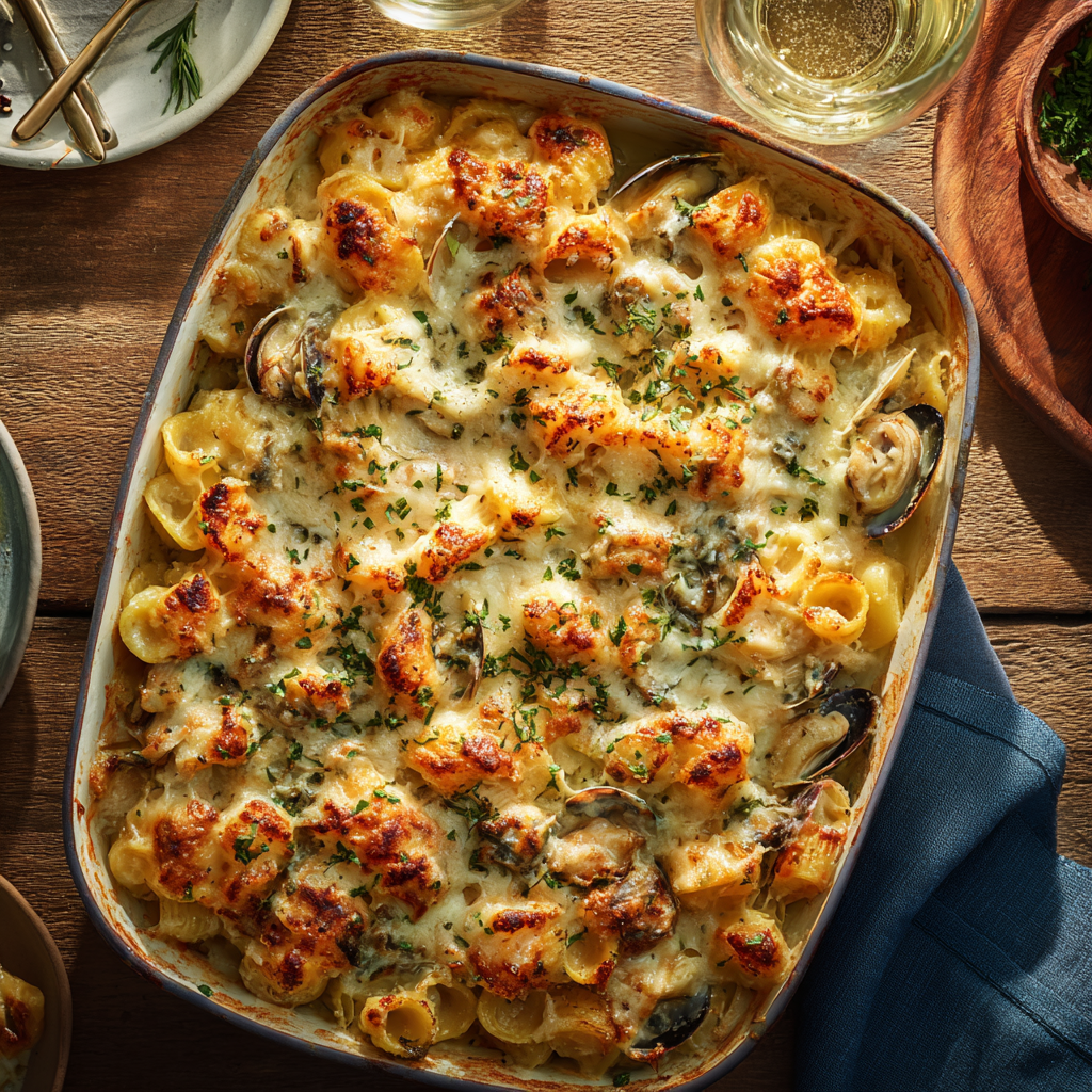 seafood pasta bake fresh from the oven in a 9x13 pan.