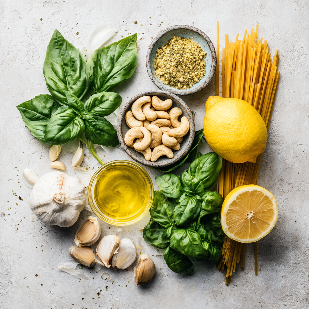 vegan pesto ingredients: fresh basil leaves, raw cashews, garlic cloves