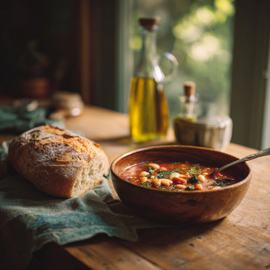 vegan minestrone soup served in a bowl on a wooden table with crusty artisan bread on the side.