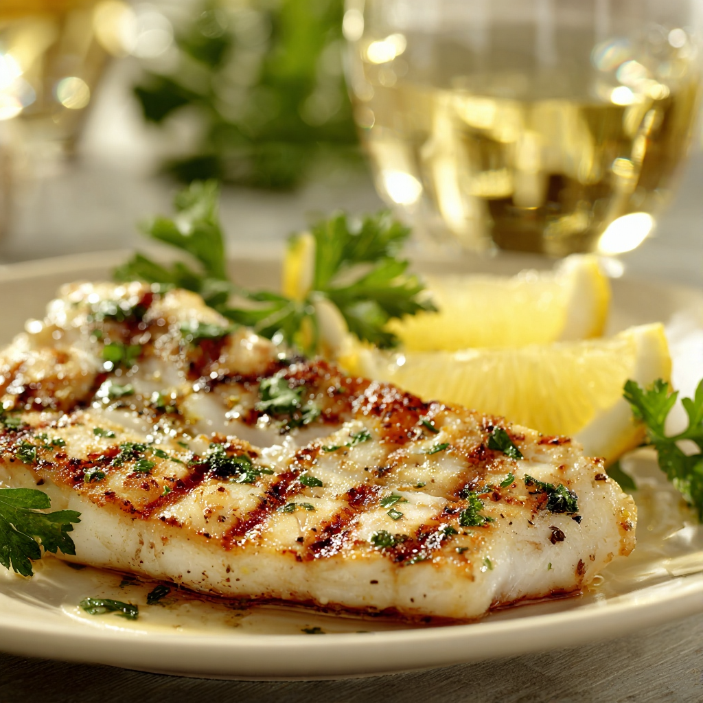 grilled fish fillets on a rustic wooden table, perfectly cooked with grill marks, garnished with lemon slices and fresh herbs.
