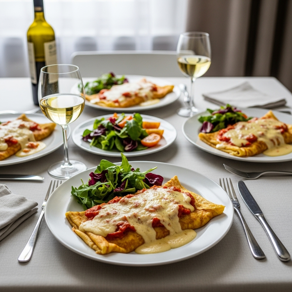 baking dish with perfectly arranged Crespelle alla Fiorentina, golden-brown crepes stuffed with spinach and ricotta