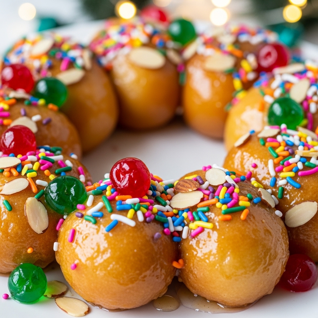 arranged pyramid of Struffoli in the center of a holiday-themed table.