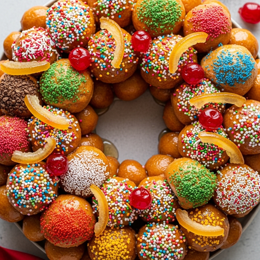 truffoli arranged in a classic Christmas wreath shape, showing the honey-coated dough balls
