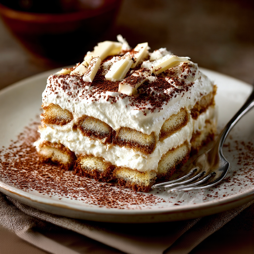 white chocolate tiramisu with white chocolate shavings scattered across the top and a fine dusting of cocoa powder.